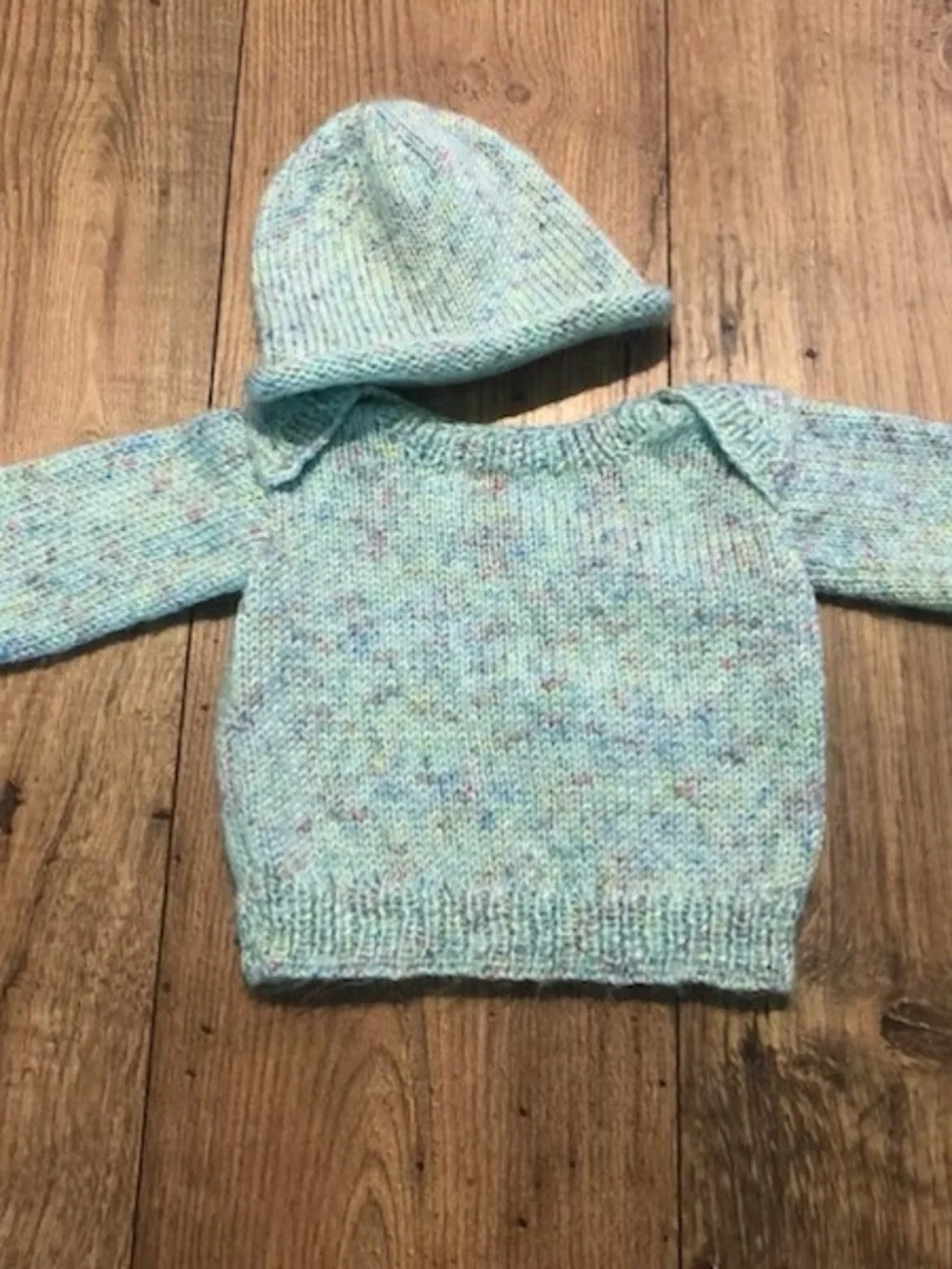 Handmade Light Blue Speckled Baby Sweater with Hat